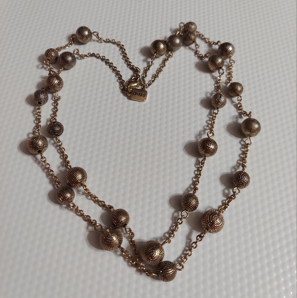 Chaps Textured Antique Gold Tone/Textured Weighted Bead Station Necklace.